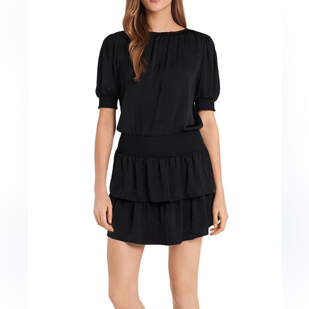 1. State Smocked Waist Tiered Black Mini Dress Short Sleeve Size Medium